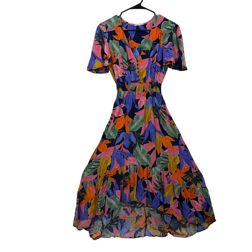 Abel the Label Dress Womens Small Blue Tropical Floral High Low Leonard Smocked